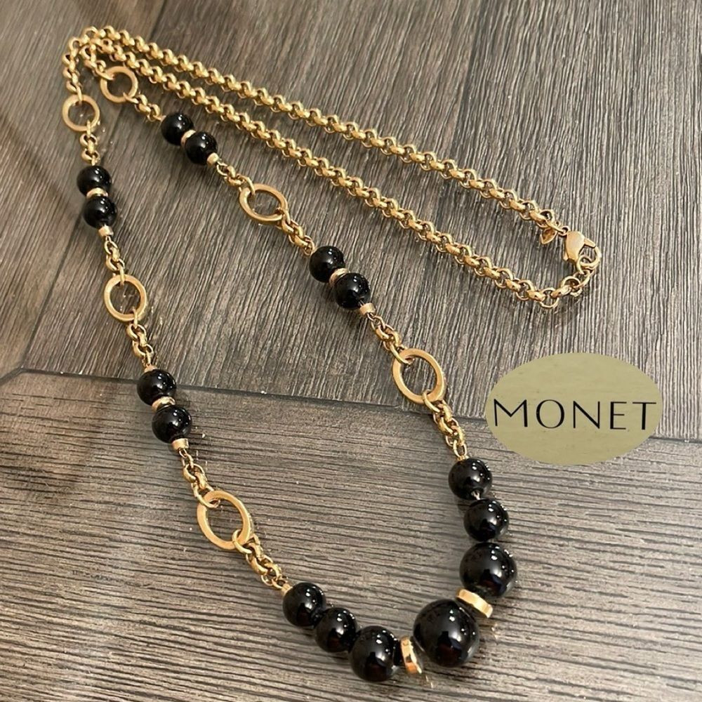 Vintage Monet Gold-Tone Rolo Link and Black Beaded Necklace